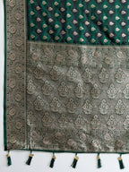 Soft Satin Silk Green Saree with Rich Zari Motifs, Contrast Border & Elegant Blouse