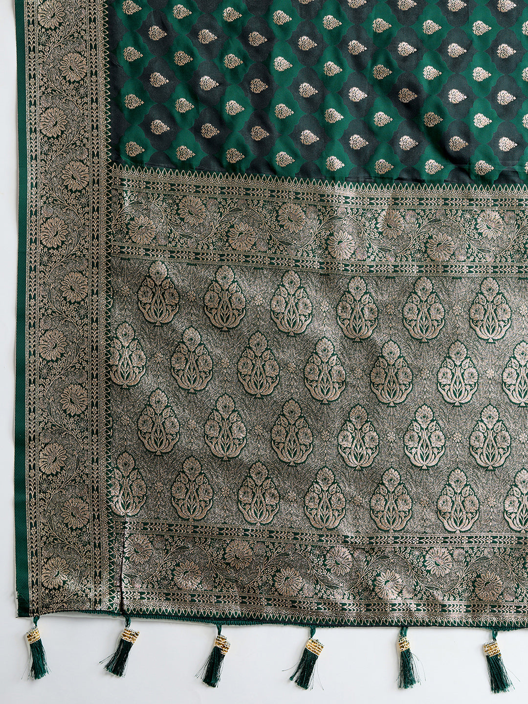 Soft Satin Silk Green Saree with Rich Zari Motifs, Contrast Border & Elegant Blouse
