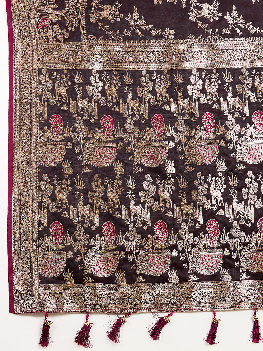 Premium Maroon  Two-Tone Satin Soft Silk Saree with All Over Zari Work & Contrast Woven Border