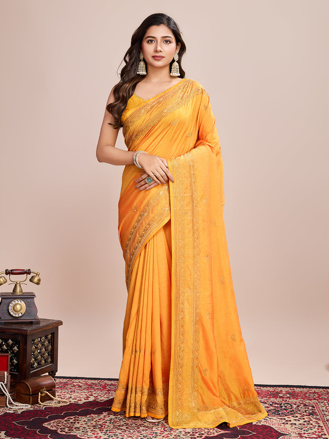 Soft Vichitra Silk Yellow  Saree with Intricate Multicolor Floral Work & Coordinated Embroidered