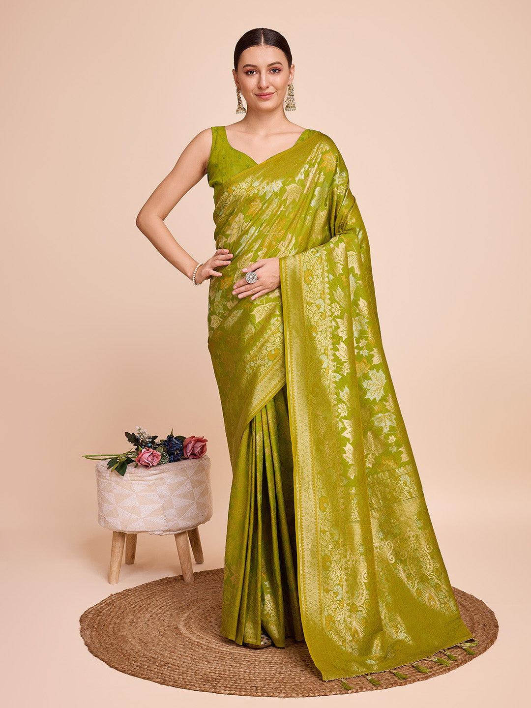 Pista Green Pure Silk Saree with Double Zari Weaving & Soft Zari Border