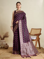 Soft Satin Silk Wine  Saree with Rich Zari Motifs, Contrast Border & Elegant Blouse