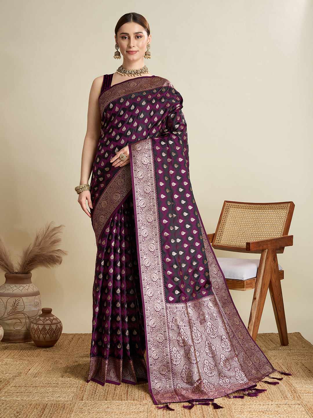 Soft Satin Silk Wine  Saree with Rich Zari Motifs, Contrast Border & Elegant Blouse
