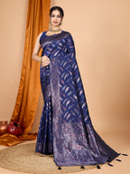 Navy Blue Pure Silk Saree – Double Zari Weaving with Contrast Rich Pallu
