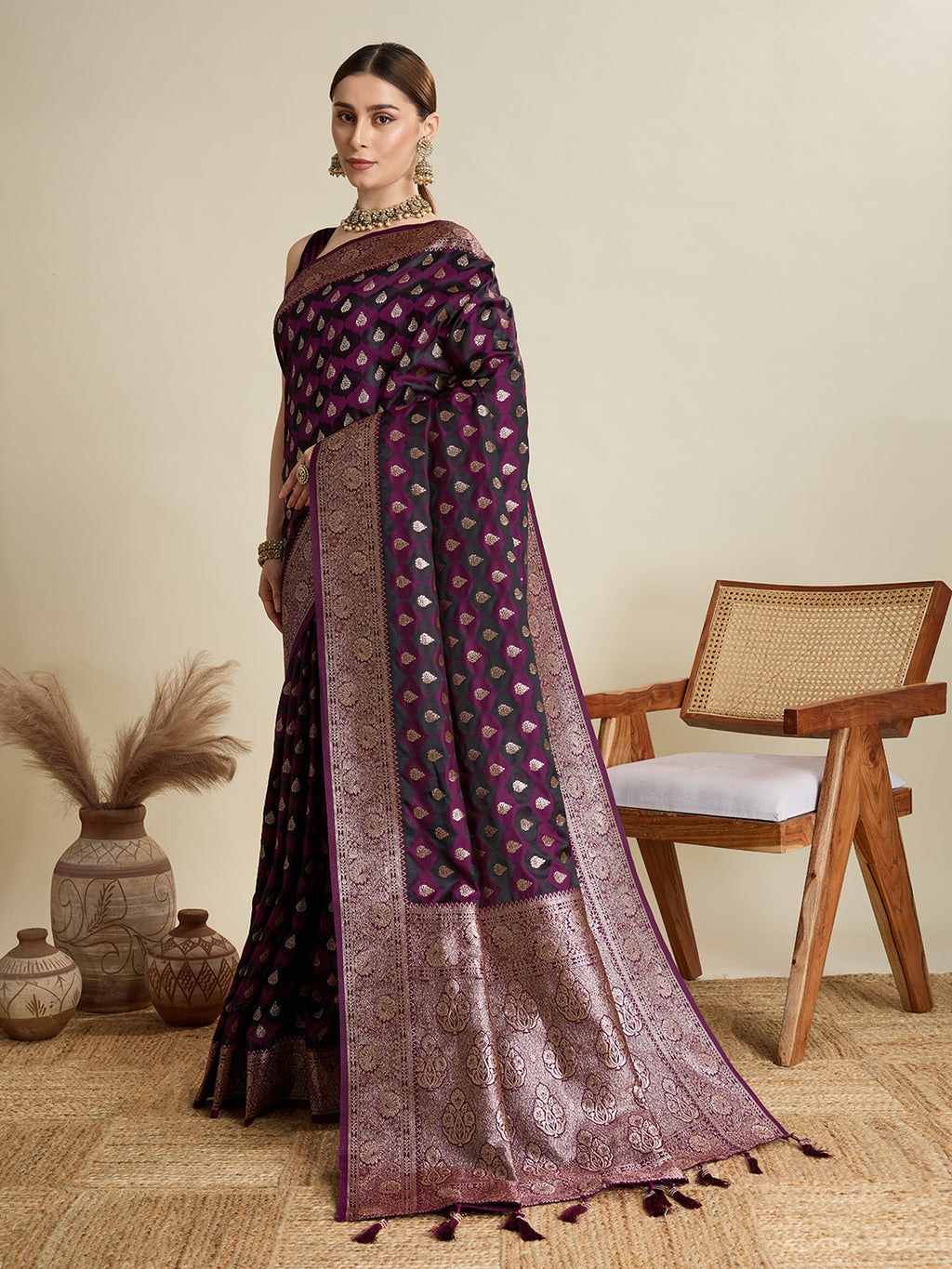 Soft Satin Silk Wine  Saree with Rich Zari Motifs, Contrast Border & Elegant Blouse
