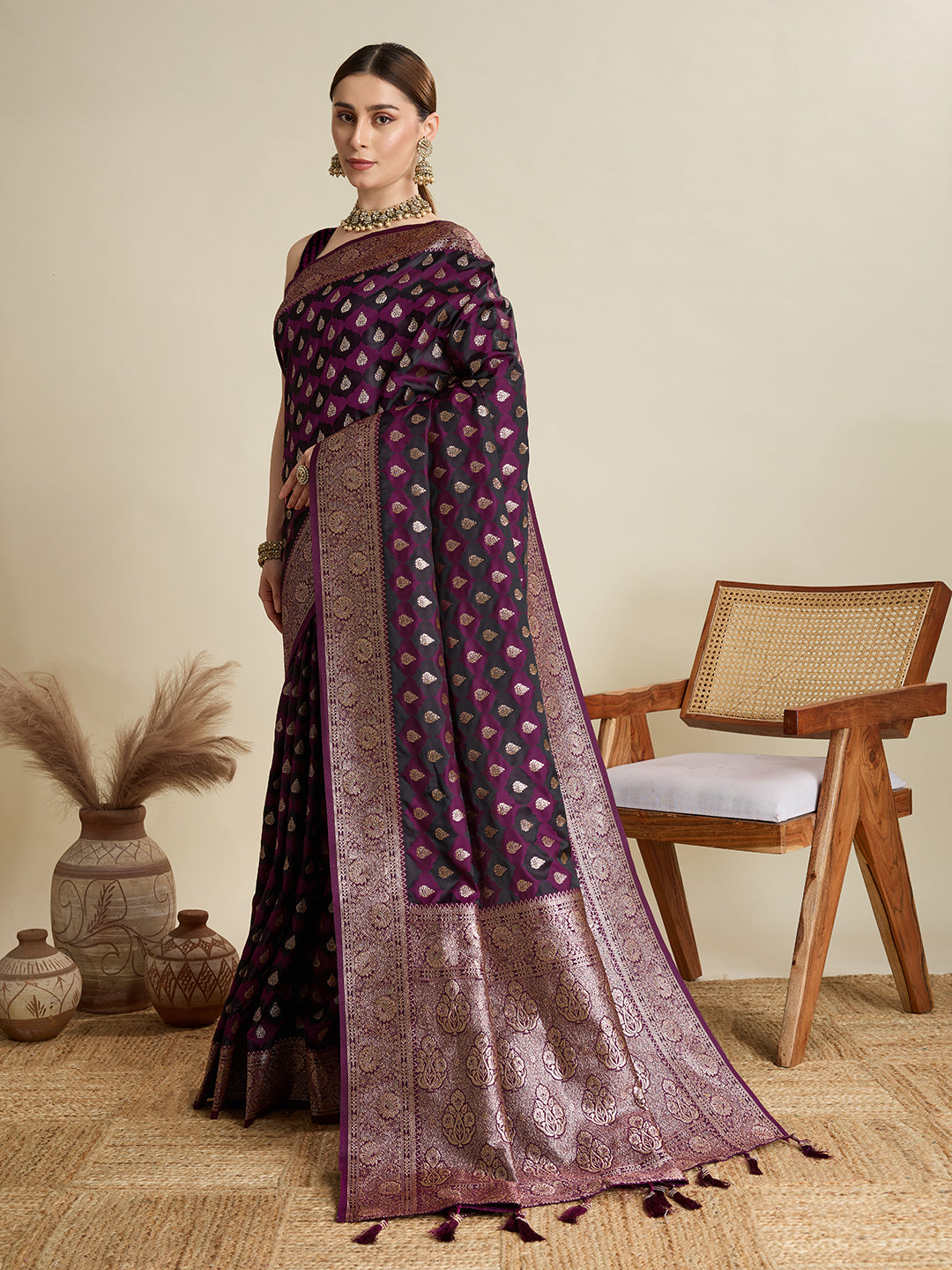 Soft Satin Silk Wine  Saree with Rich Zari Motifs, Contrast Border & Elegant Blouse