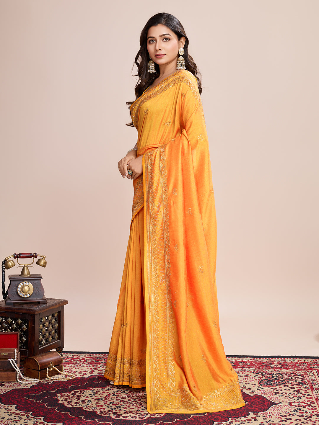 Soft Vichitra Silk Yellow  Saree with Intricate Multicolor Floral Work & Coordinated Embroidered