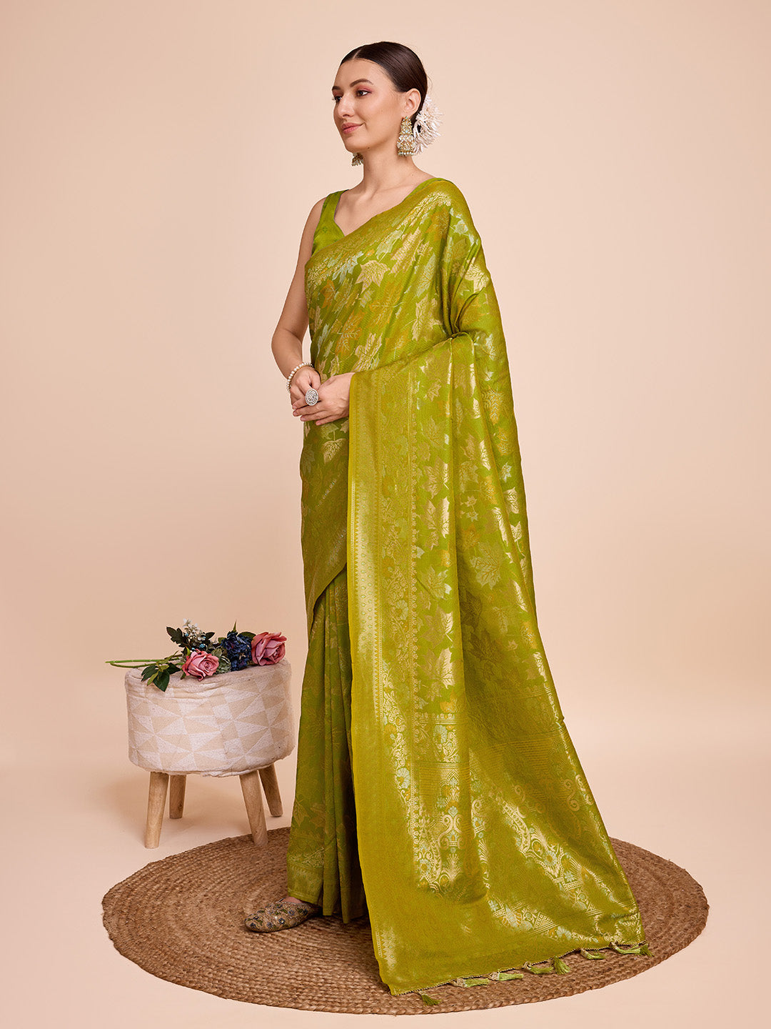 Pista Green Pure Silk Saree with Double Zari Weaving & Soft Zari Border