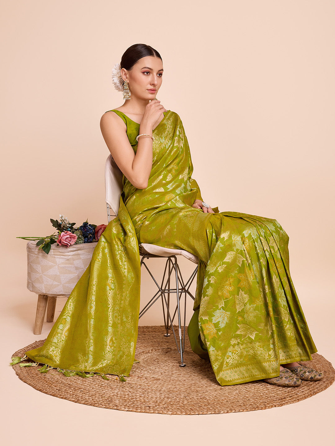 Pista Green Pure Silk Saree with Double Zari Weaving & Soft Zari Border