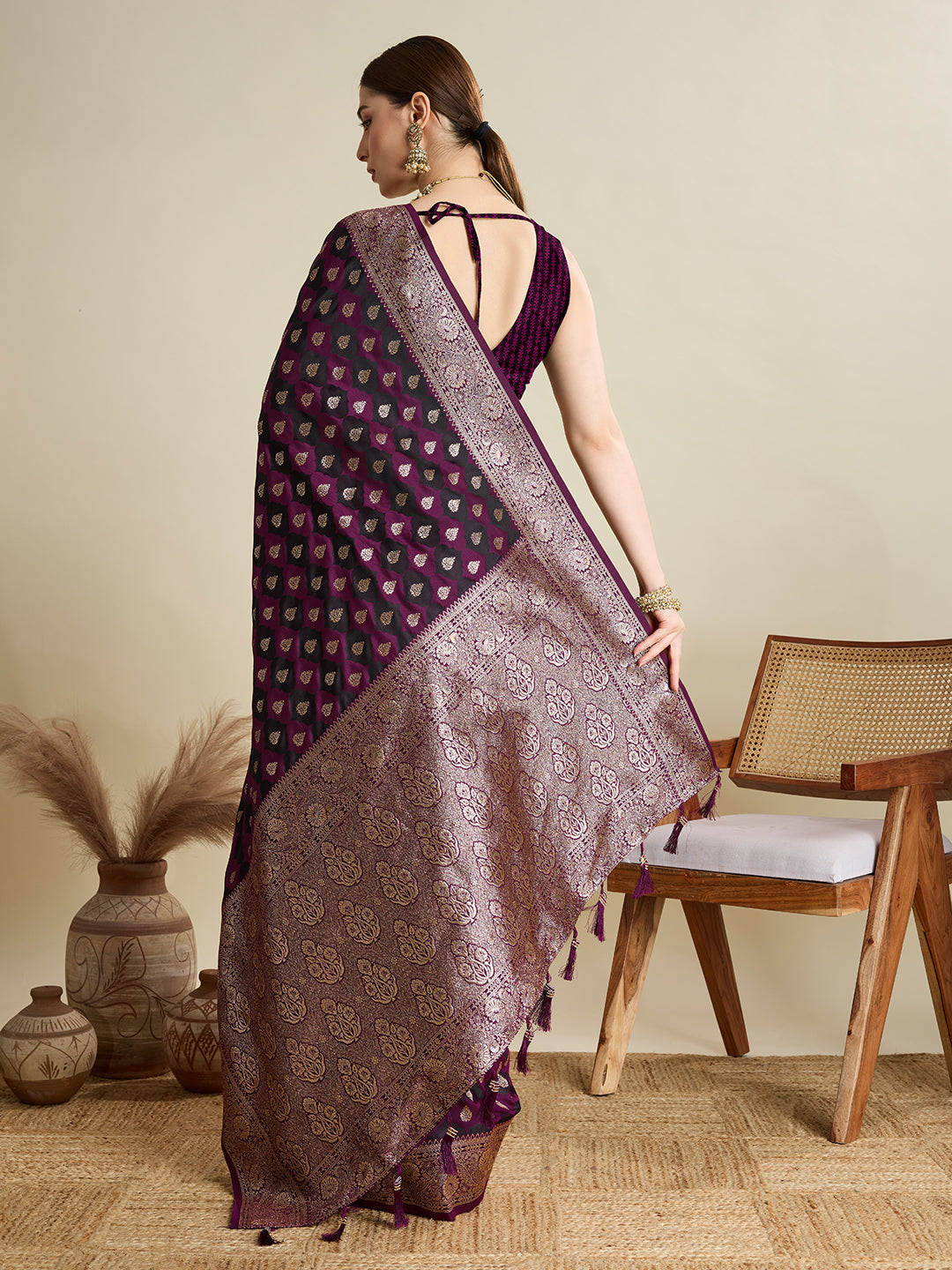Soft Satin Silk Wine  Saree with Rich Zari Motifs, Contrast Border & Elegant Blouse