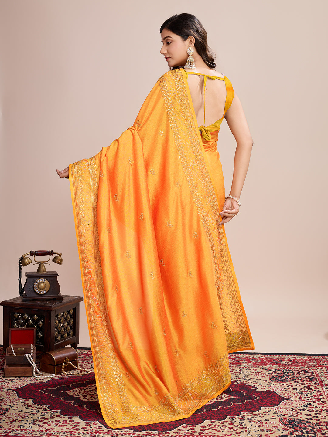 Soft Vichitra Silk Yellow  Saree with Intricate Multicolor Floral Work & Coordinated Embroidered