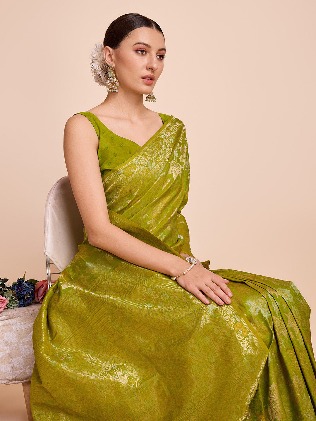 Pista Green Pure Silk Saree with Double Zari Weaving & Soft Zari Border