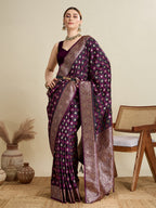 Soft Satin Silk Wine  Saree with Rich Zari Motifs, Contrast Border & Elegant Blouse