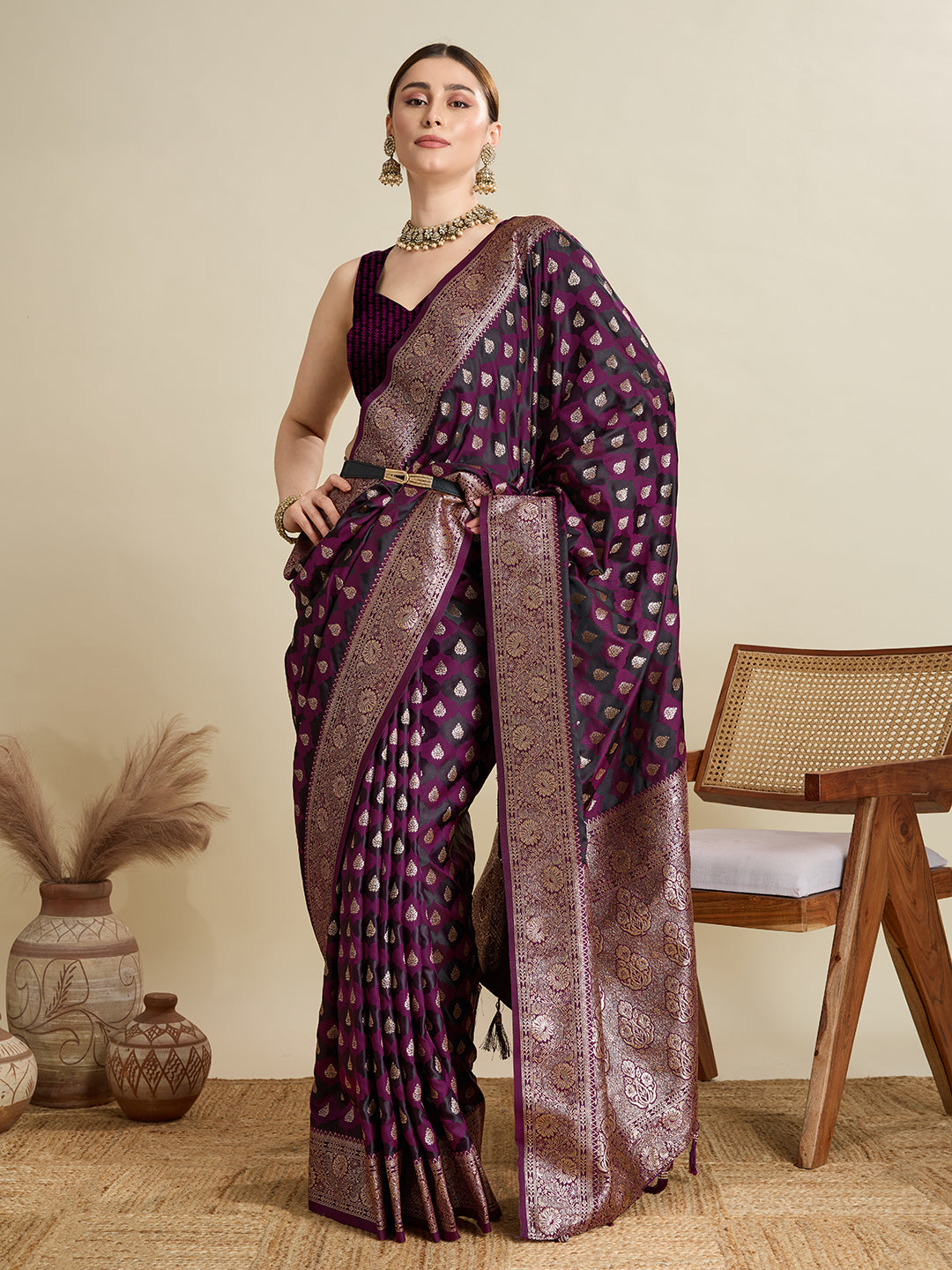 Soft Satin Silk Wine  Saree with Rich Zari Motifs, Contrast Border & Elegant Blouse