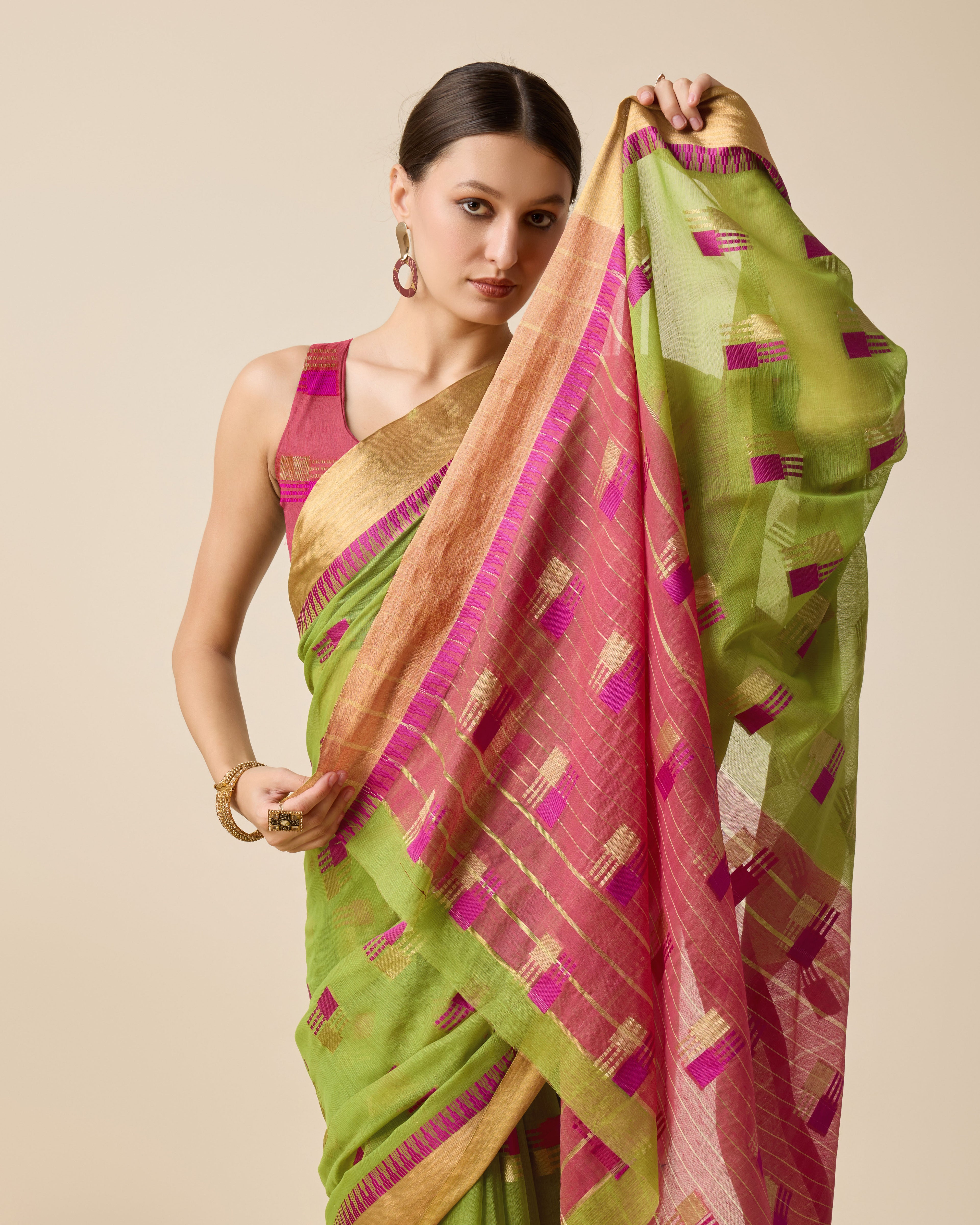 Banarasi Elegance in Breathable Semi Cotton Green Saree –For All Wedding Celebrations