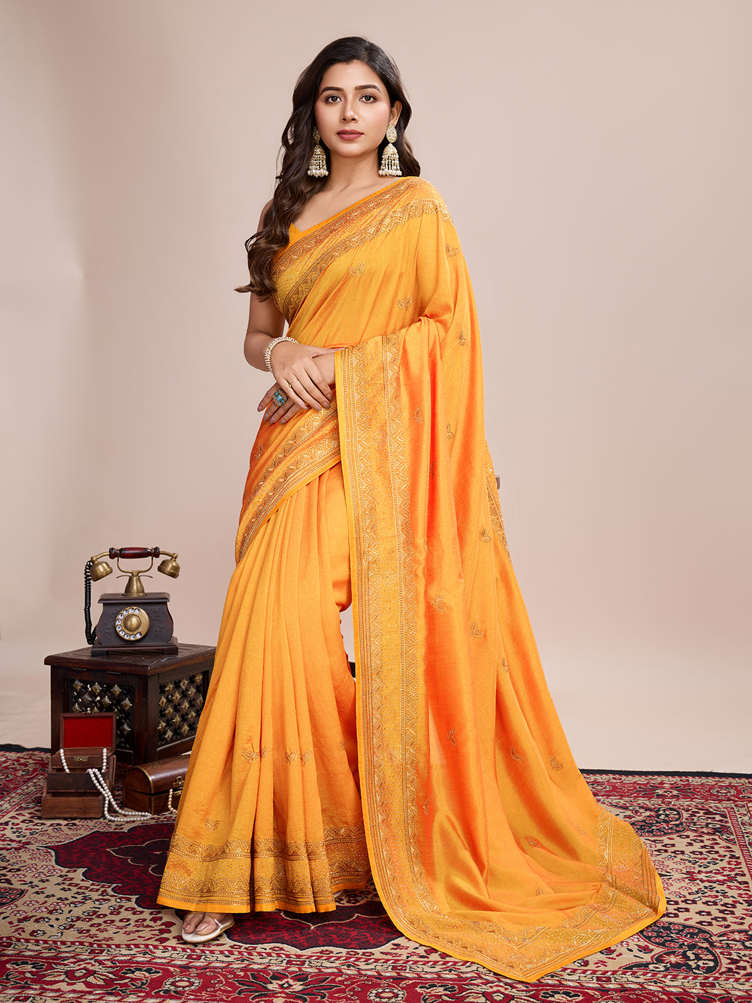 Soft Vichitra Silk Yellow  Saree with Intricate Multicolor Floral Work & Coordinated Embroidered