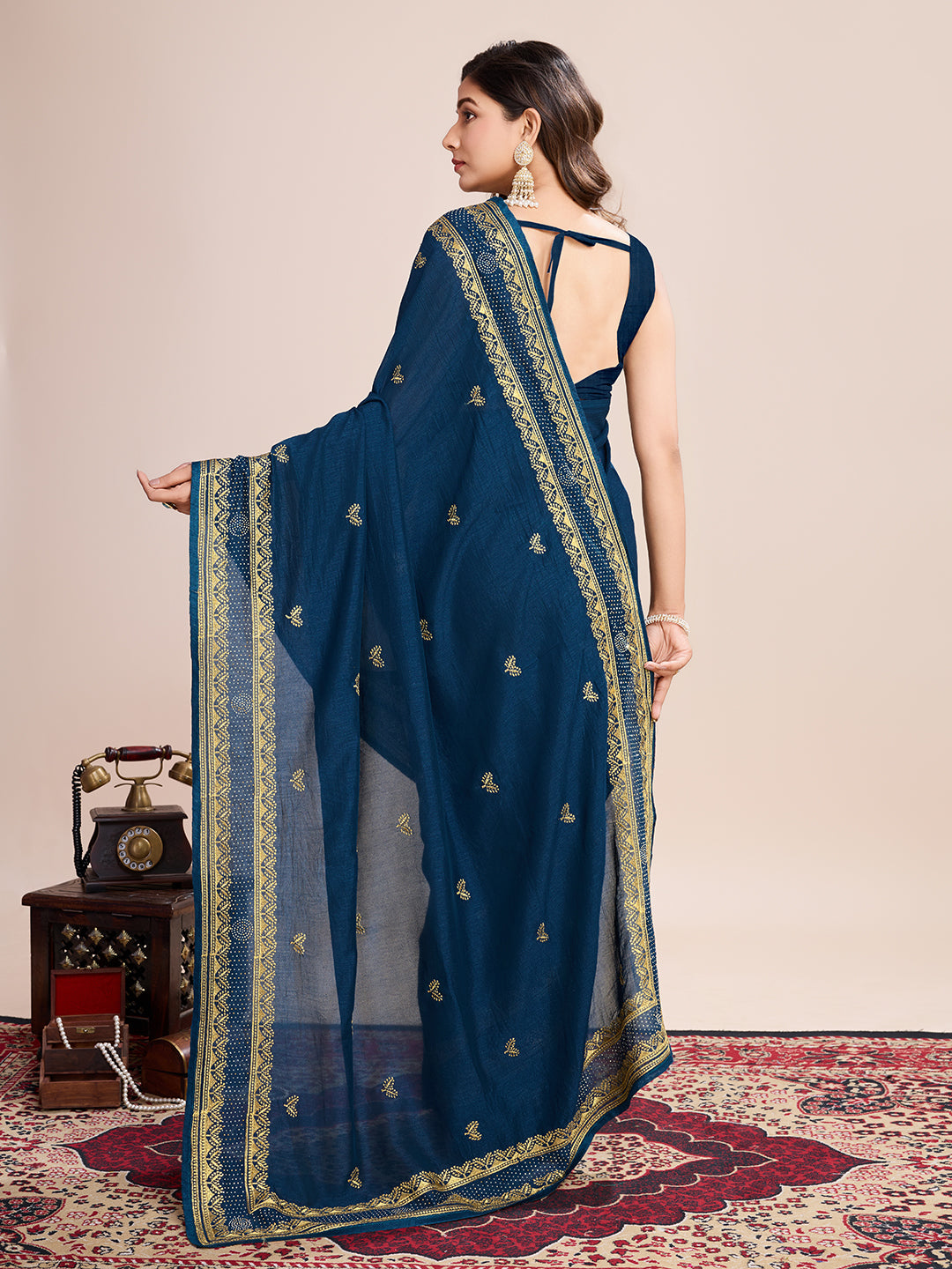Soft Vichitra Silk Navy Blue  Saree with Intricate Multicolor Floral Work & Coordinated Embroidered