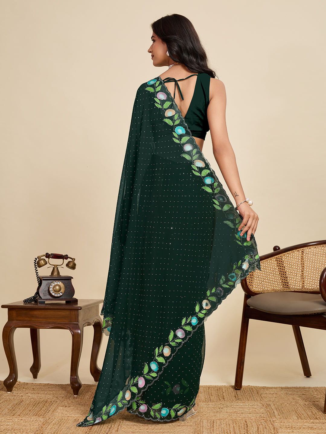 Green Georgette Soft Silk Saree with Floral Brush Print & Intricate Border – Elegant Pastel Saree for Festive & Daily Wear