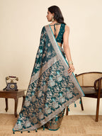 Premium Teal Two-Tone Satin Soft Silk Saree with All Over Zari Work & Contrast Woven Border