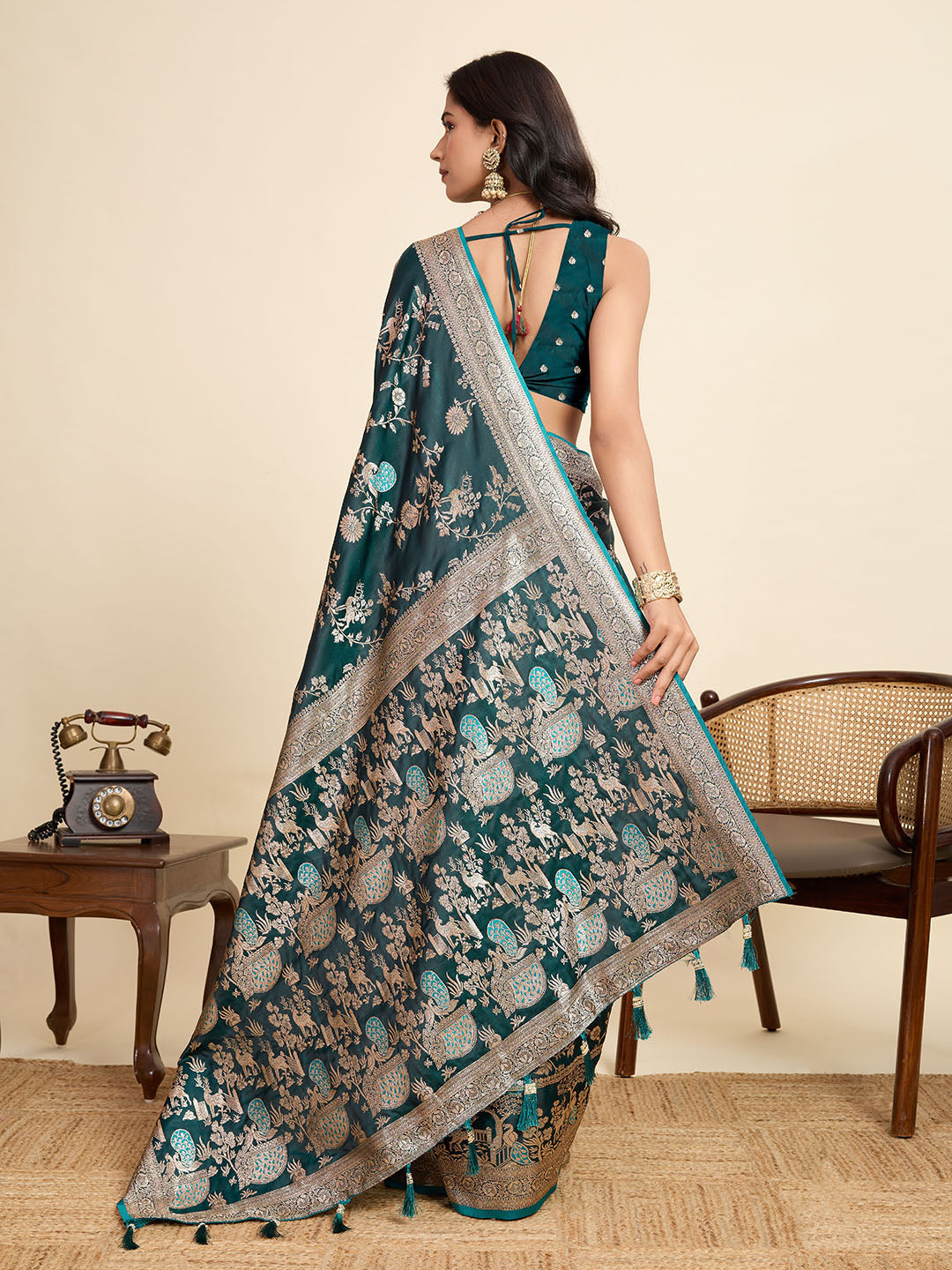 Premium Teal Two-Tone Satin Soft Silk Saree with All Over Zari Work & Contrast Woven Border