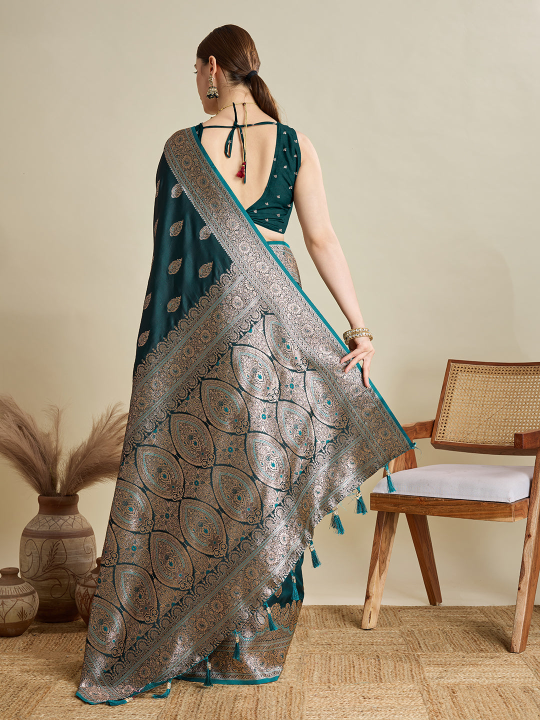 Soft Satin Silk Green Saree with Rich Zari Motifs, Contrast Border & Elegant Blouse