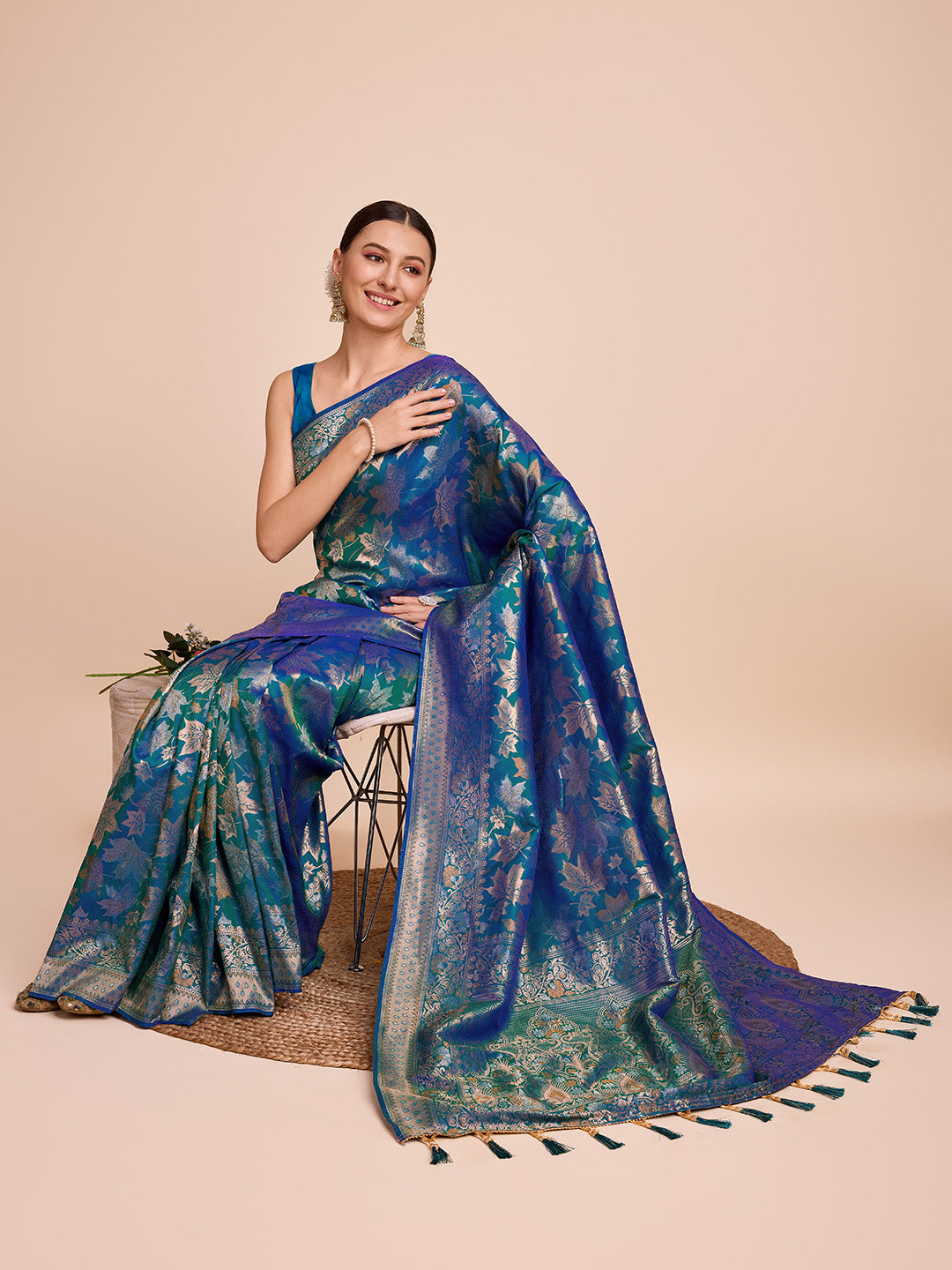 Blue Pure Silk Saree – Double Zari Weaving with Soft Zari Border & Gold/Copper Contrast