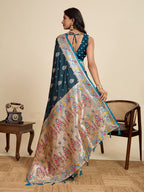 Blue Soft Silk Saree in Premium Two-Tone Satin with Paithani Design, Rich Zari Pallu & Contrast Mina Border