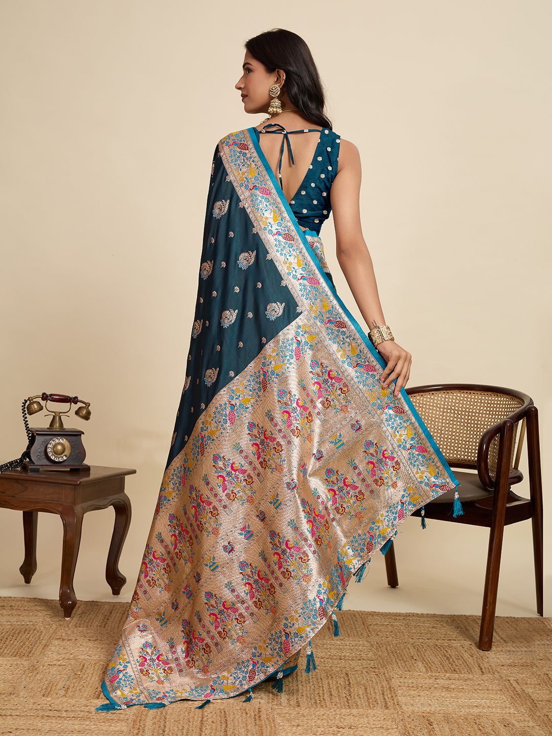 Blue Soft Silk Saree in Premium Two-Tone Satin with Paithani Design, Rich Zari Pallu & Contrast Mina Border