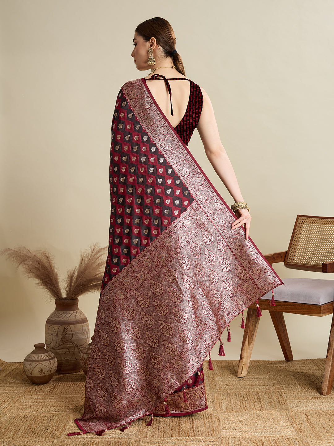 Soft Satin Silk Maroon Saree with Rich Zari Motifs, Contrast Border & Elegant Blouse