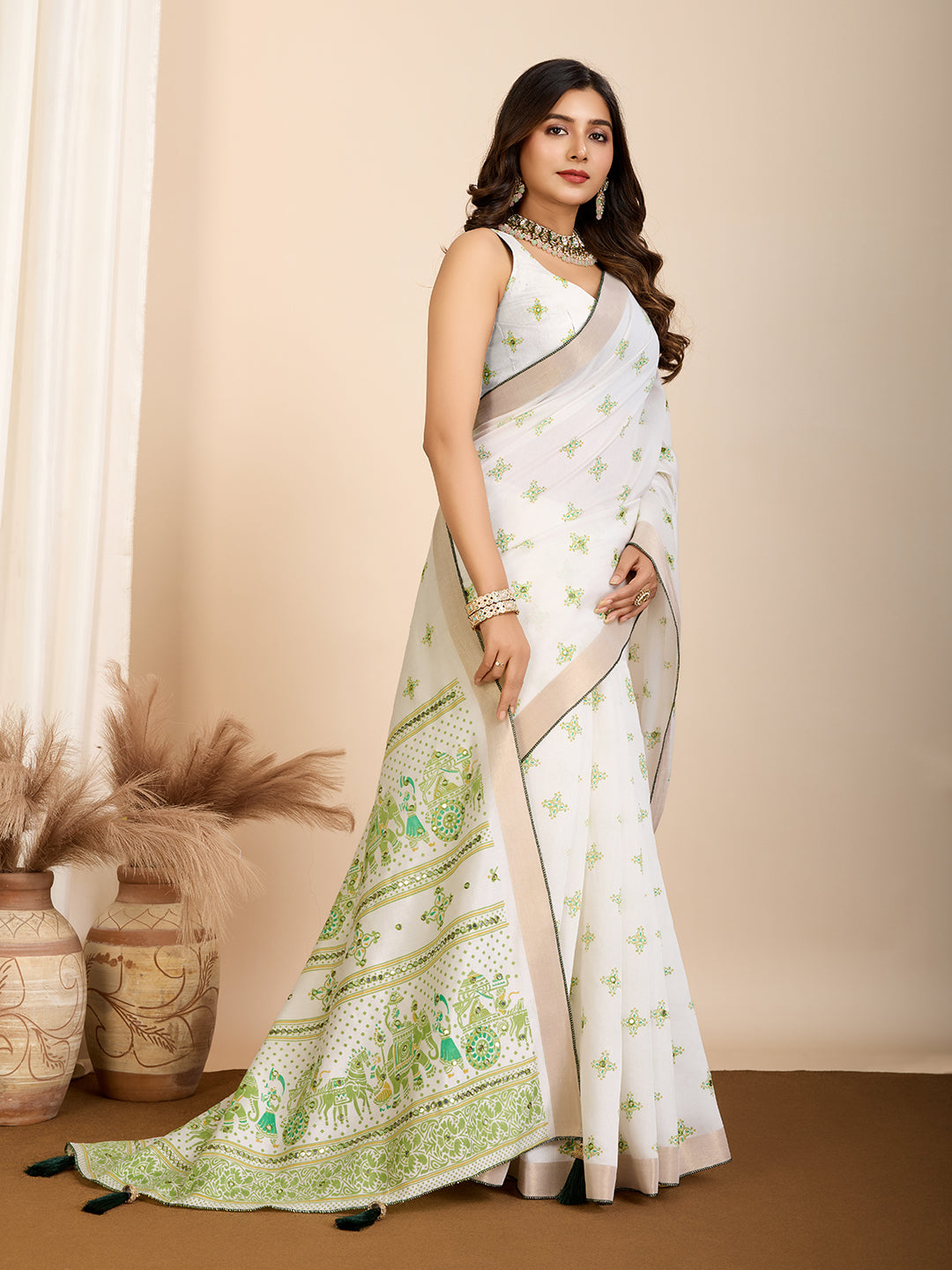 Pista Semi-Cotton Saree with Zari Border – Soft, Traditional & Elegant