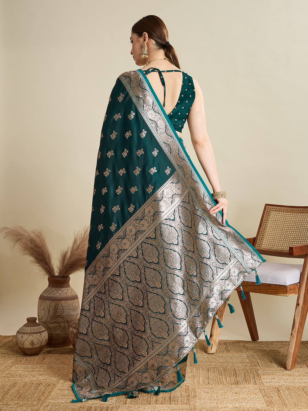 Soft Satin Silk Rama Green Saree with Rich Zari Motifs, Contrast Border & Elegant Blouse