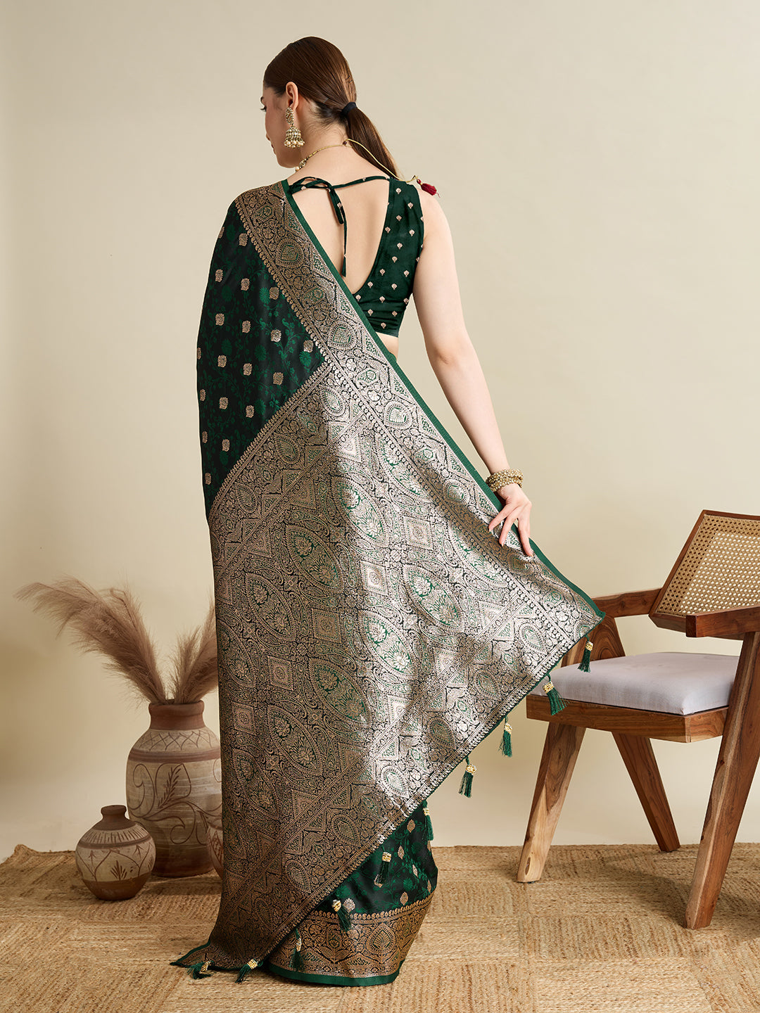 Soft Satin Silk Blue Saree with Rich Zari Motifs, Contrast Border & Elegant Blouse