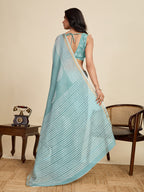 Women's Teal Color Linen Saree with Jari Border and Blouse – Printed All Over Designer