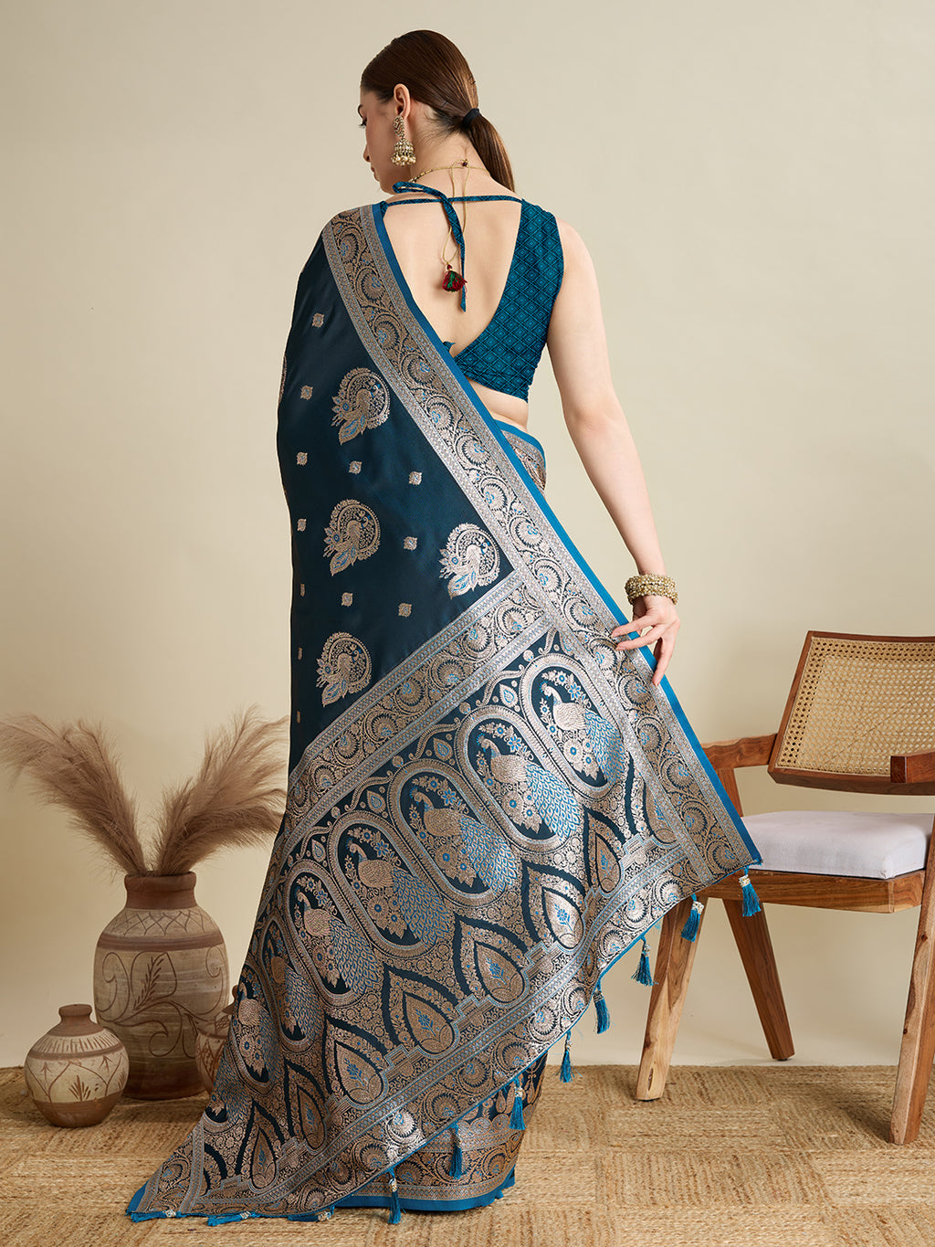 Soft Satin Silk Tourquise Blue Saree with Rich Zari Motifs, Contrast Border & Elegant Blouse