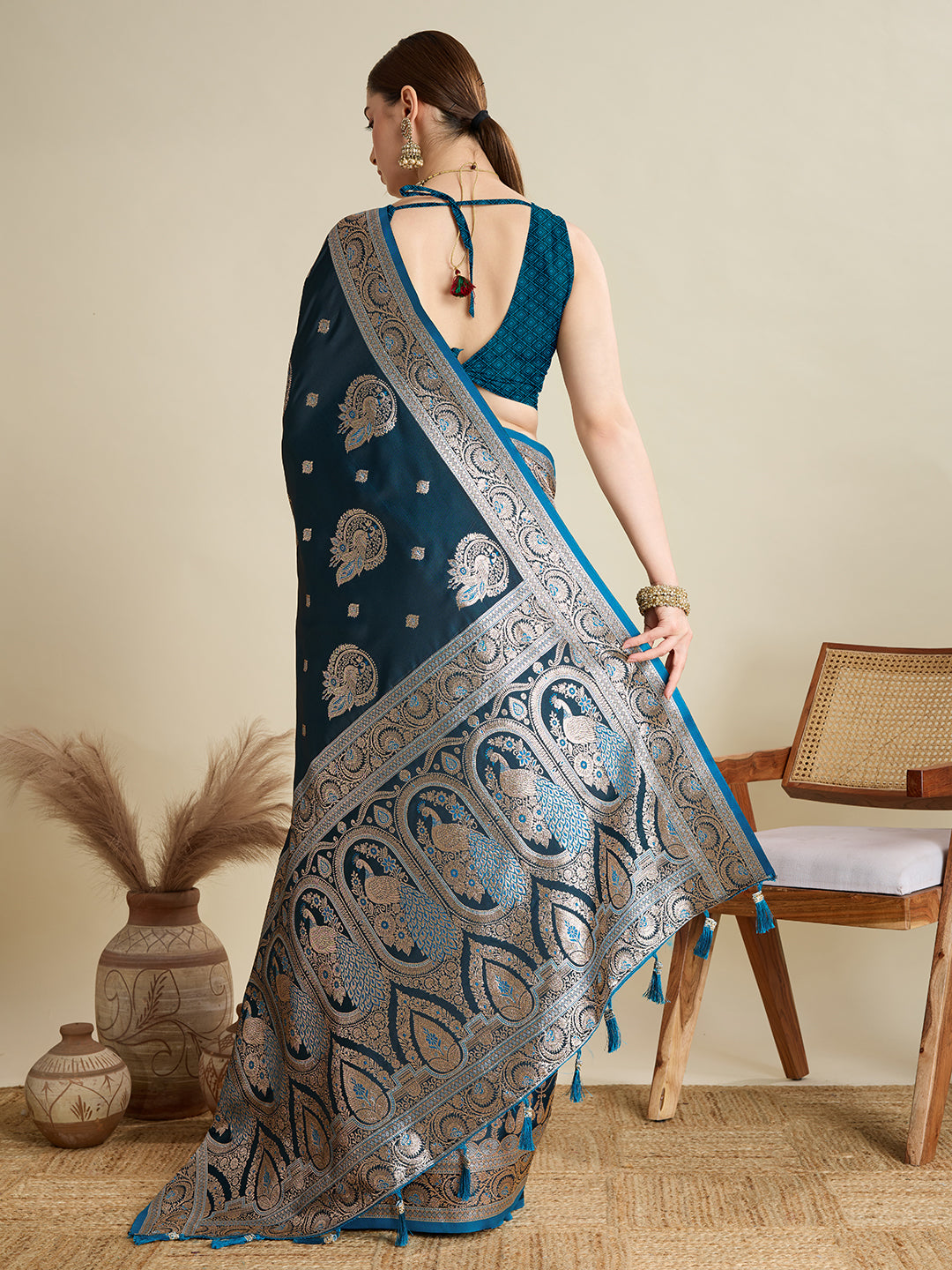Soft Satin Silk Tourquise Blue Saree with Rich Zari Motifs, Contrast Border & Elegant Blouse
