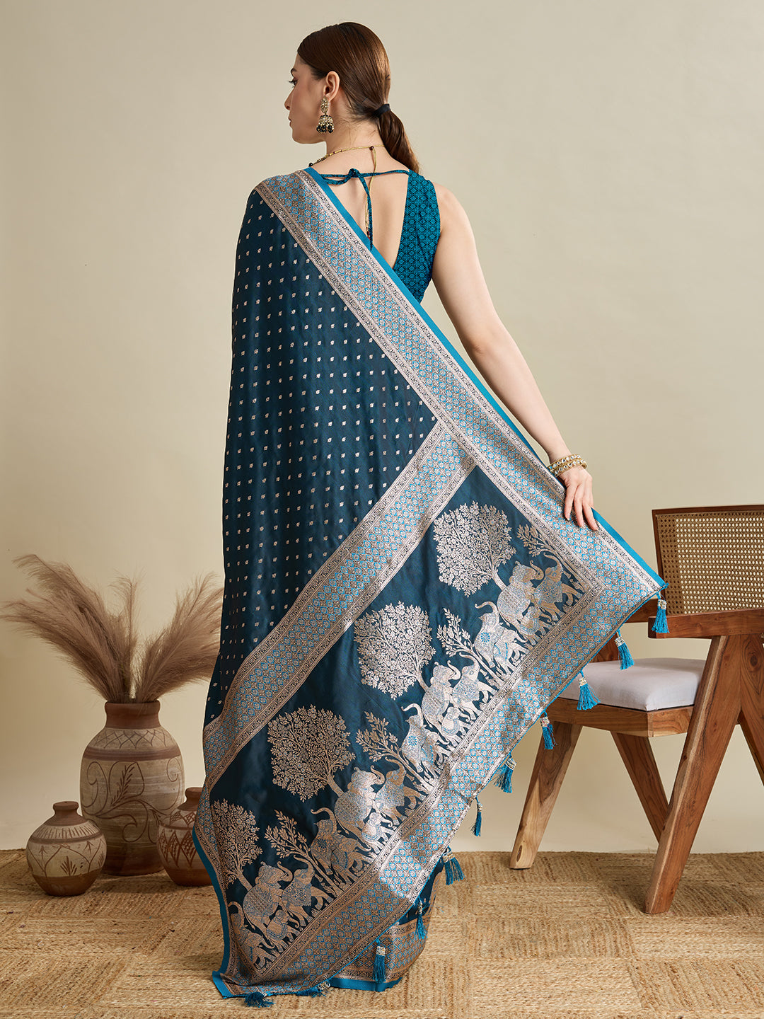 Soft Satin Silk Blue Saree with Rich Zari Motifs, Contrast Border & Elegant Blouse
