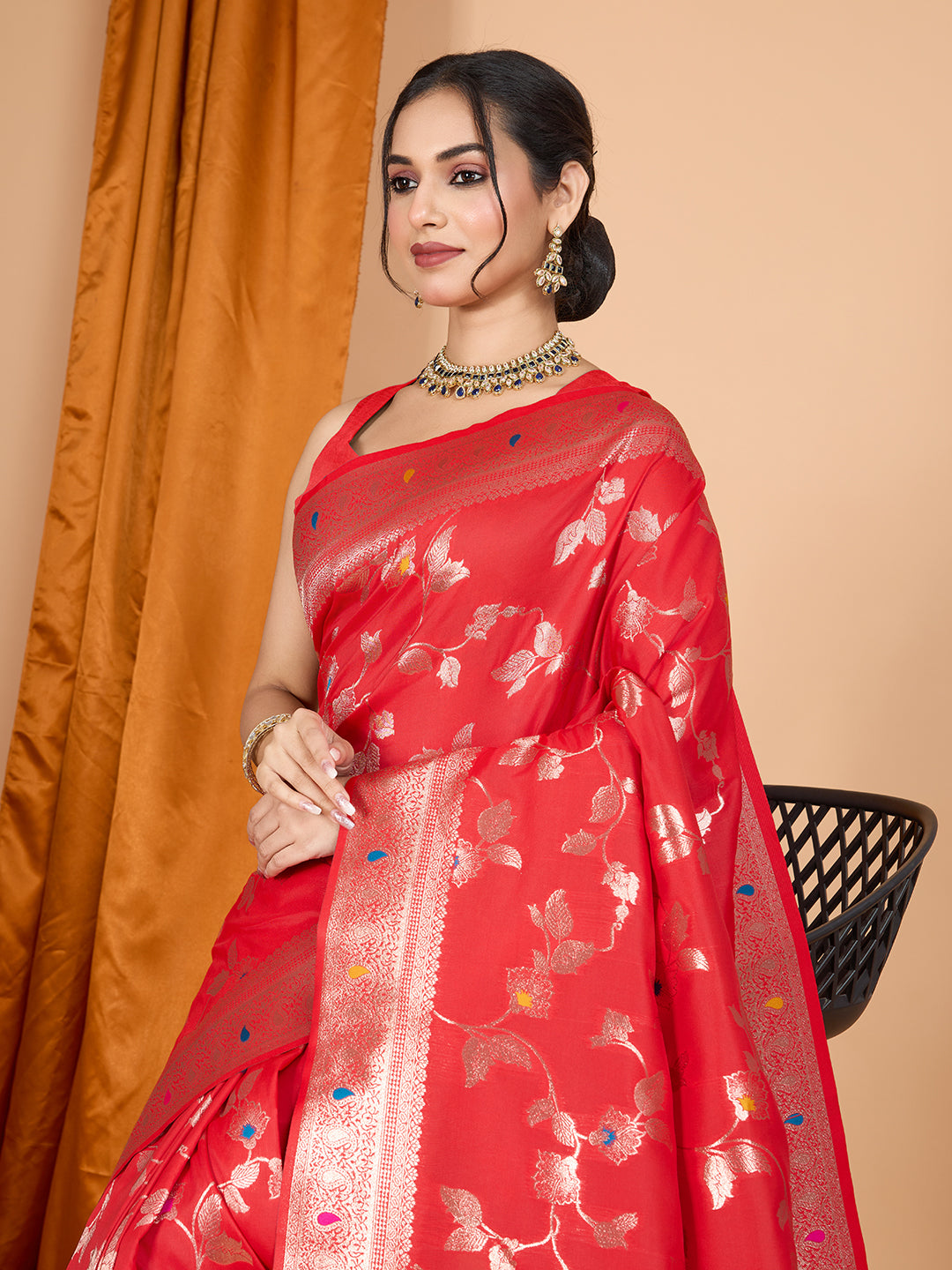 Red Soft Banarasi Silk Saree Featuring Meenakari Zari Weaving & Tassels on Pallu
