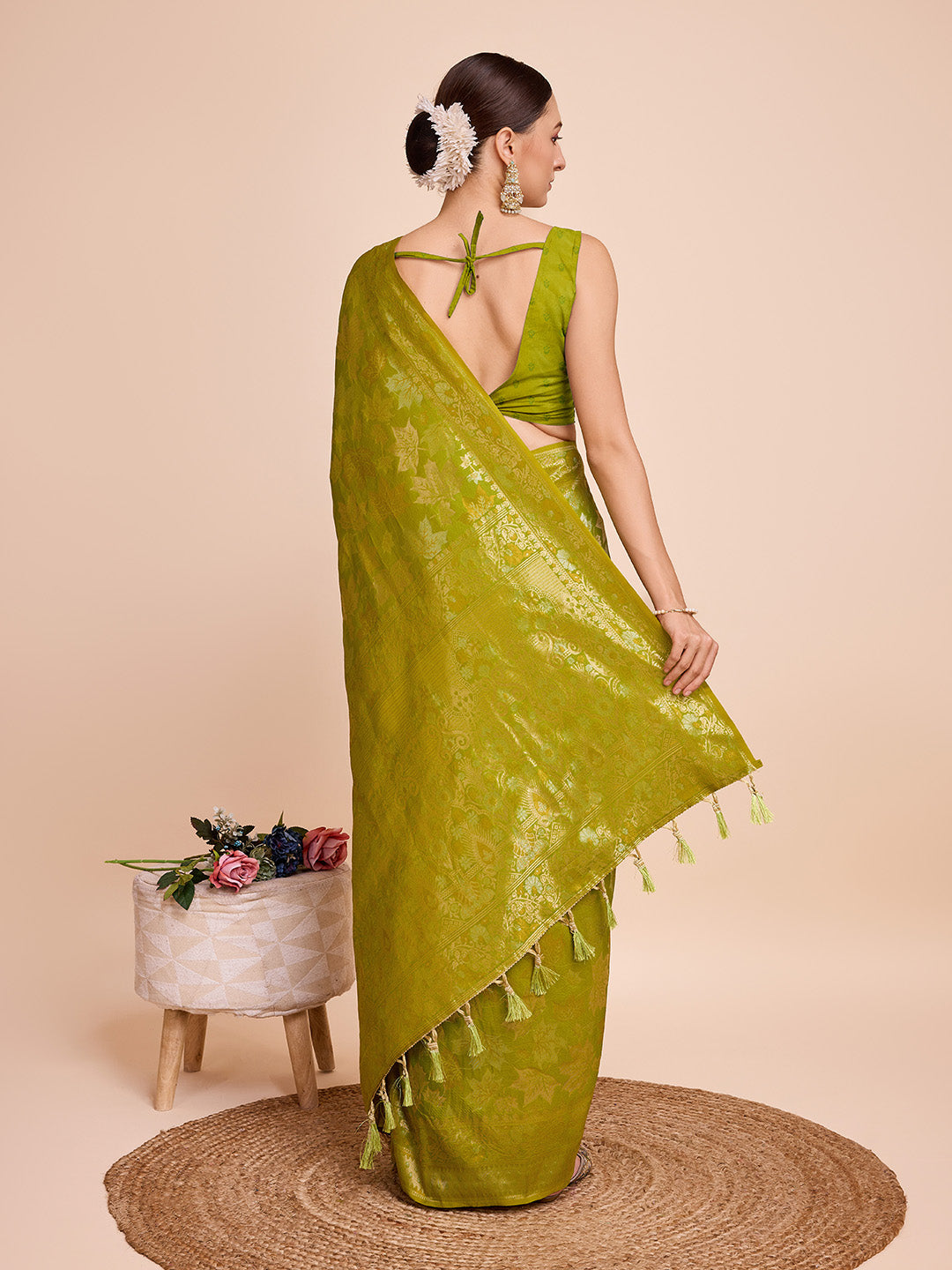 Pista Green Pure Silk Saree with Double Zari Weaving & Soft Zari Border