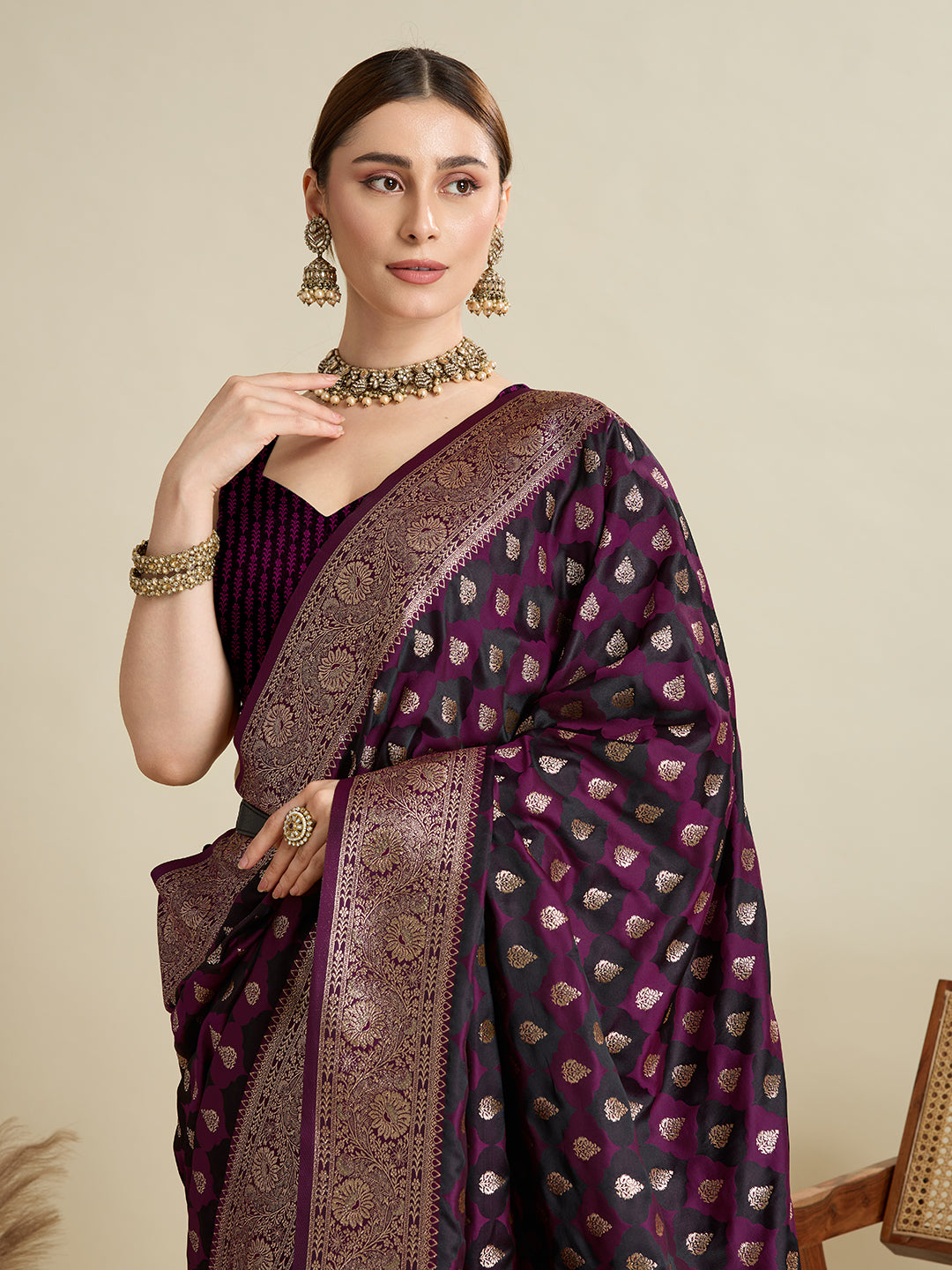 Soft Satin Silk Wine  Saree with Rich Zari Motifs, Contrast Border & Elegant Blouse