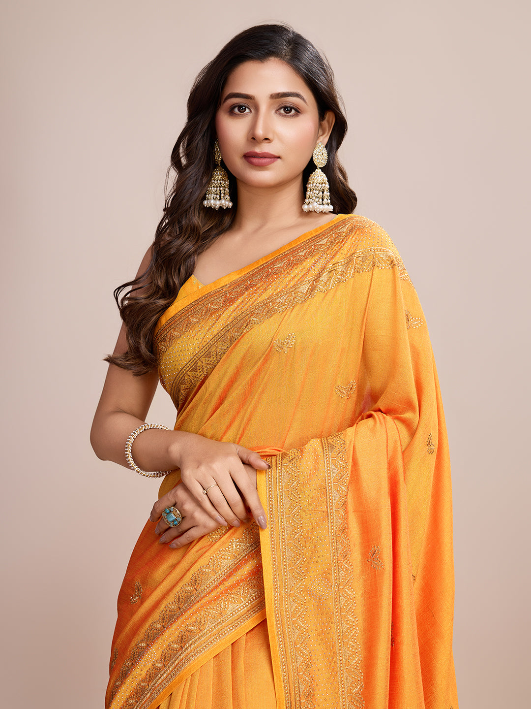 Soft Vichitra Silk Yellow  Saree with Intricate Multicolor Floral Work & Coordinated Embroidered