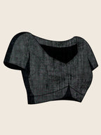 Women's Black Linen Saree with Jari Border and Blouse – Printed All Over Design