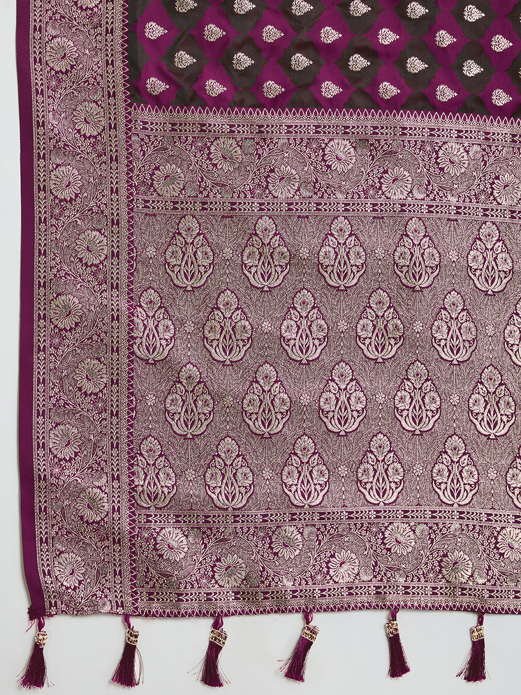 Soft Satin Silk Wine  Saree with Rich Zari Motifs, Contrast Border & Elegant Blouse
