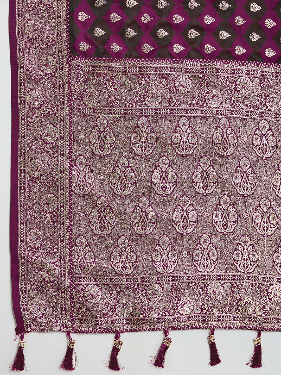 Soft Satin Silk Wine  Saree with Rich Zari Motifs, Contrast Border & Elegant Blouse
