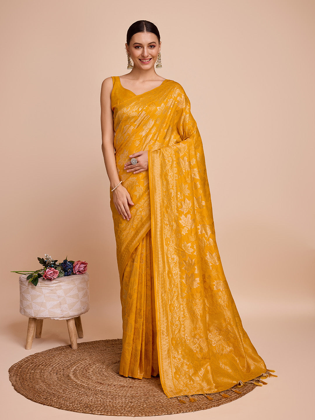 Yellow Pure Silk Saree with Double Zari Weaving & Soft Zari Border