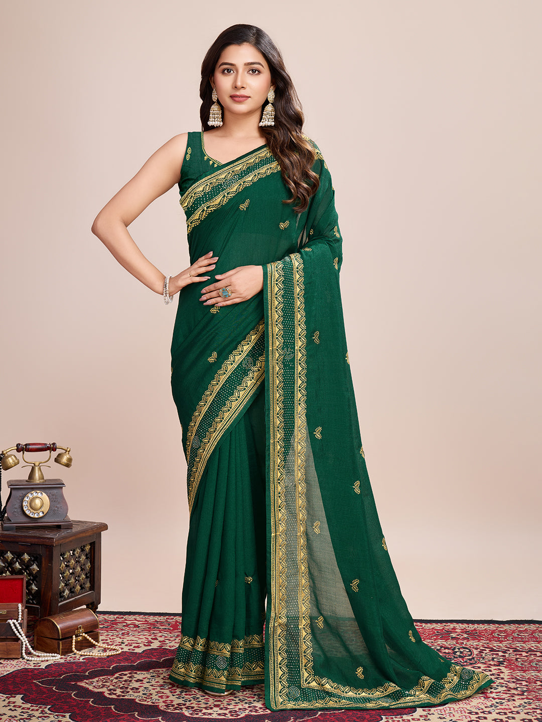 Soft Vichitra Silk Green  Saree with Intricate Multicolor Floral Work & Coordinated Embroidered