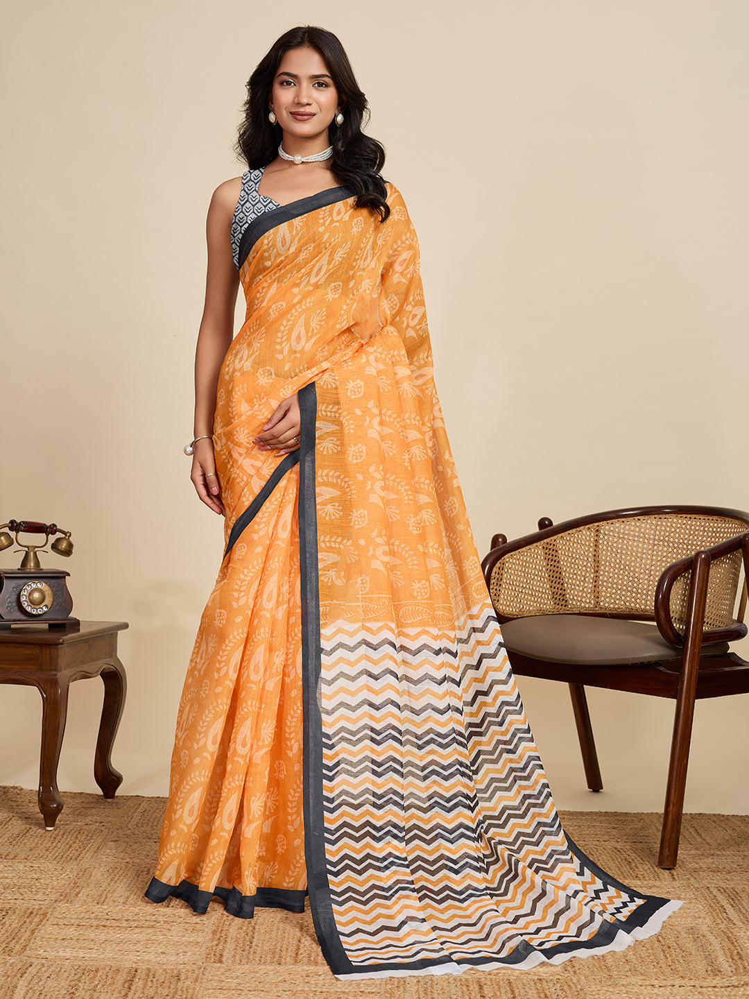 Women's Mustard Colour Linen Saree with Jari Border and Blouse – Printed All Over Design