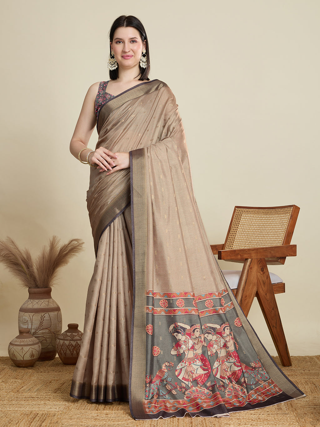 Soft, Breathable & Celebration-Ready: Semi Cotton Brown Sarees with Butti & Jacquard Elegance