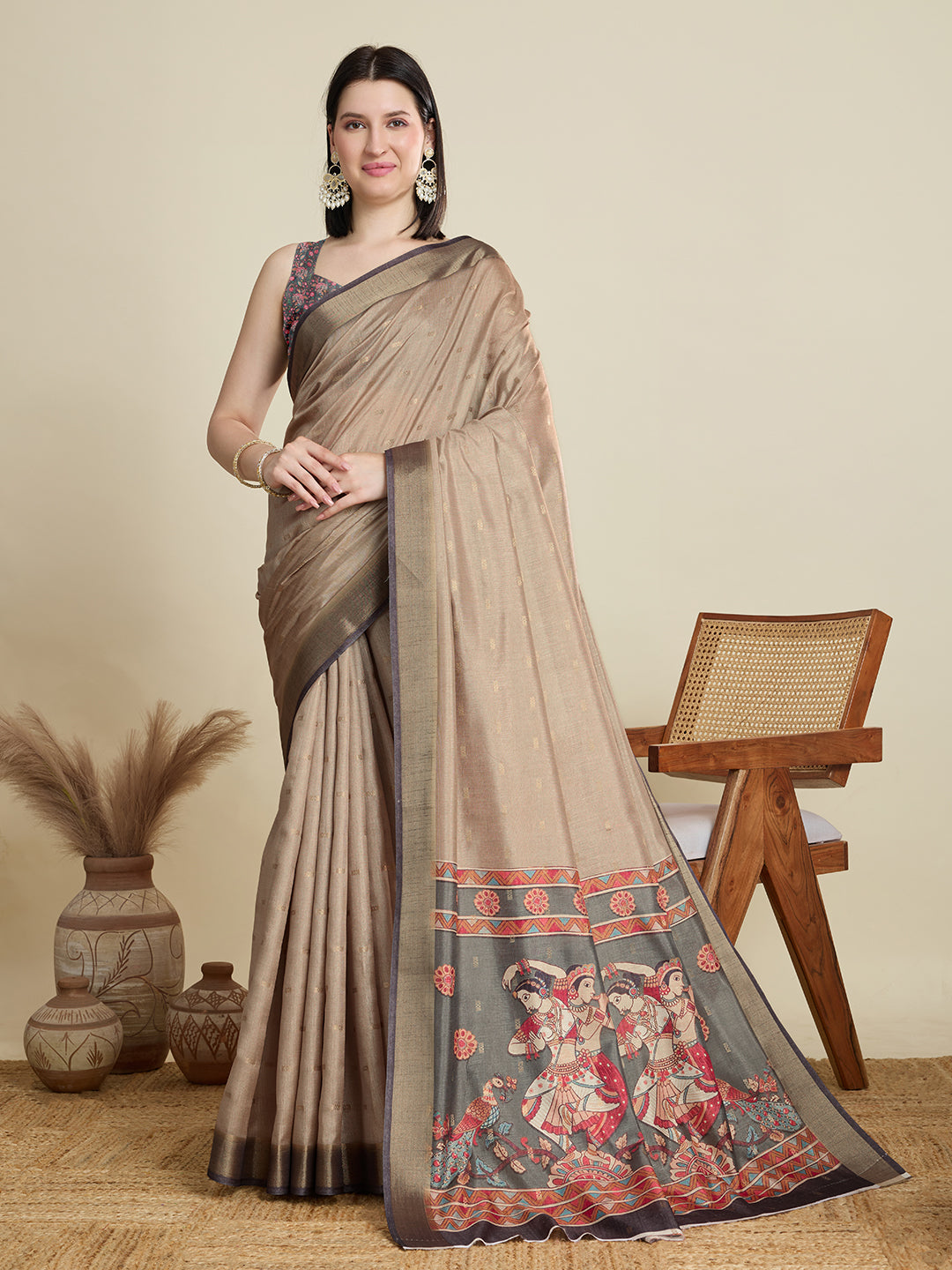 Soft, Breathable & Celebration-Ready: Semi Cotton Brown Sarees with Butti & Jacquard Elegance