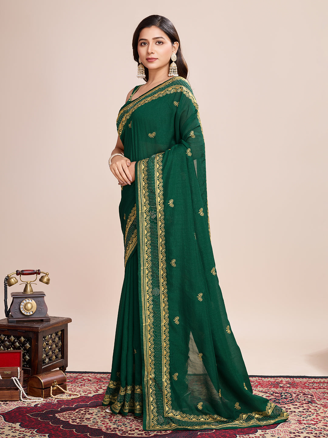 Soft Vichitra Silk Green  Saree with Intricate Multicolor Floral Work & Coordinated Embroidered