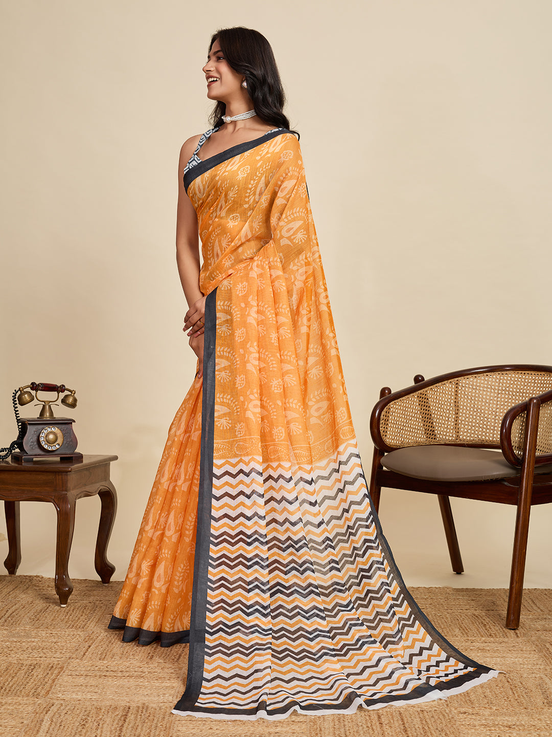 Women's Mustard Colour Linen Saree with Jari Border and Blouse – Printed All Over Design